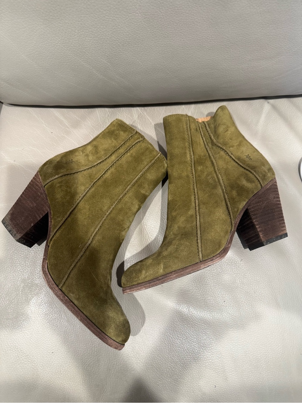 Frye Olive Green Essa Seamed Suede Ankle Booties with Stacked Heel